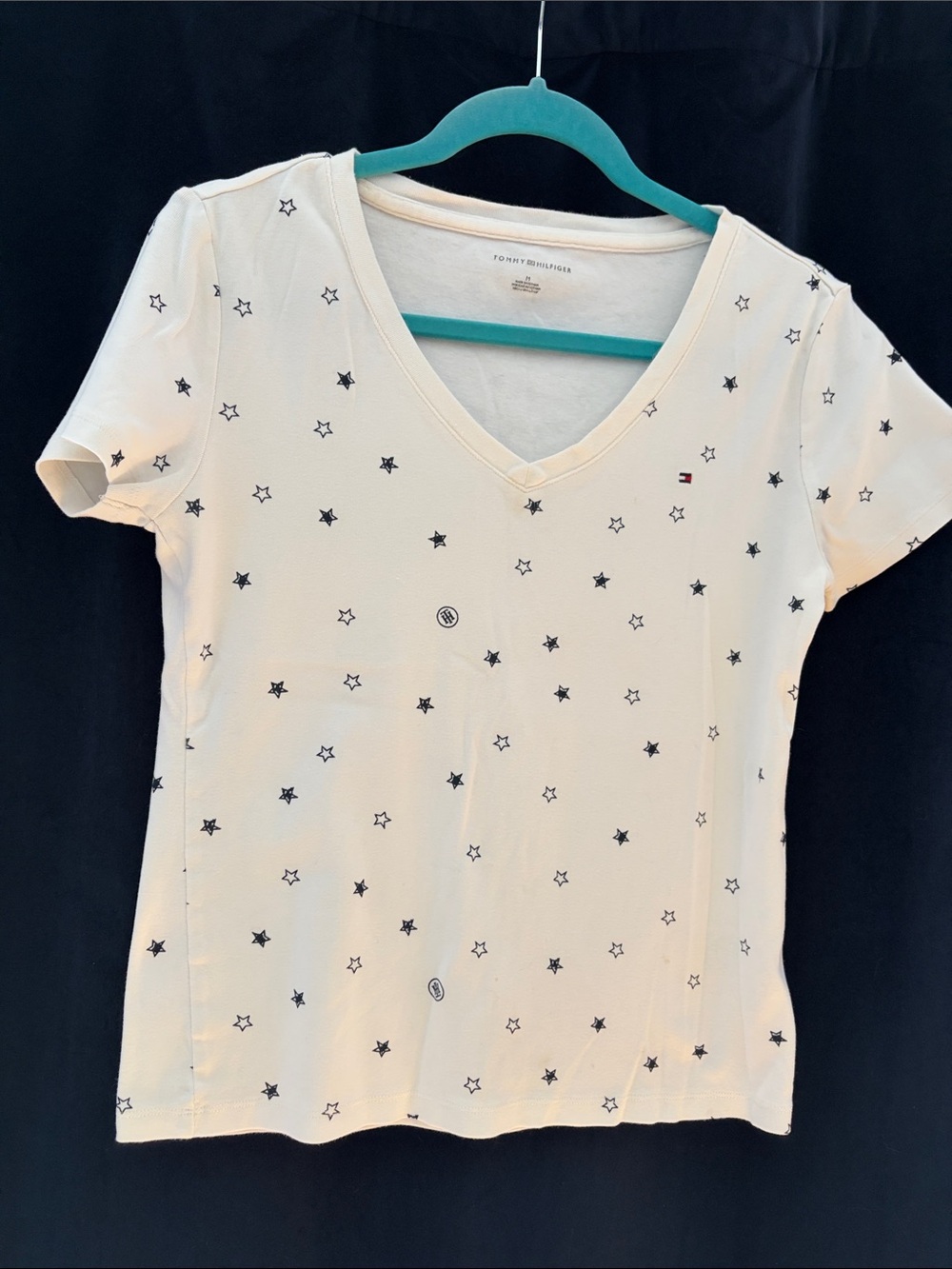 Tommy Hilfiger Cream V-Neck Tee with Navy Star Print